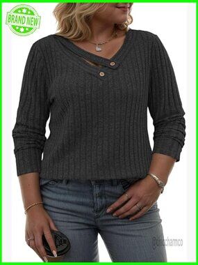 Plus Size V Neck Long Sleeve Tunic Sweater Blouse Button Decor Loose Fit